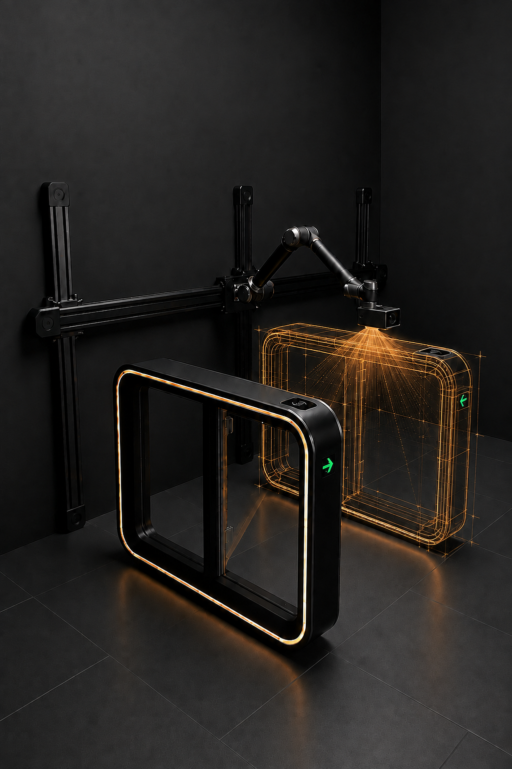 Illustrative engineering study: an optical scanner traces the right-hand gate as an amber wireframe beside its matching solid counterpart, with paired reader panels and green entry indicators.
