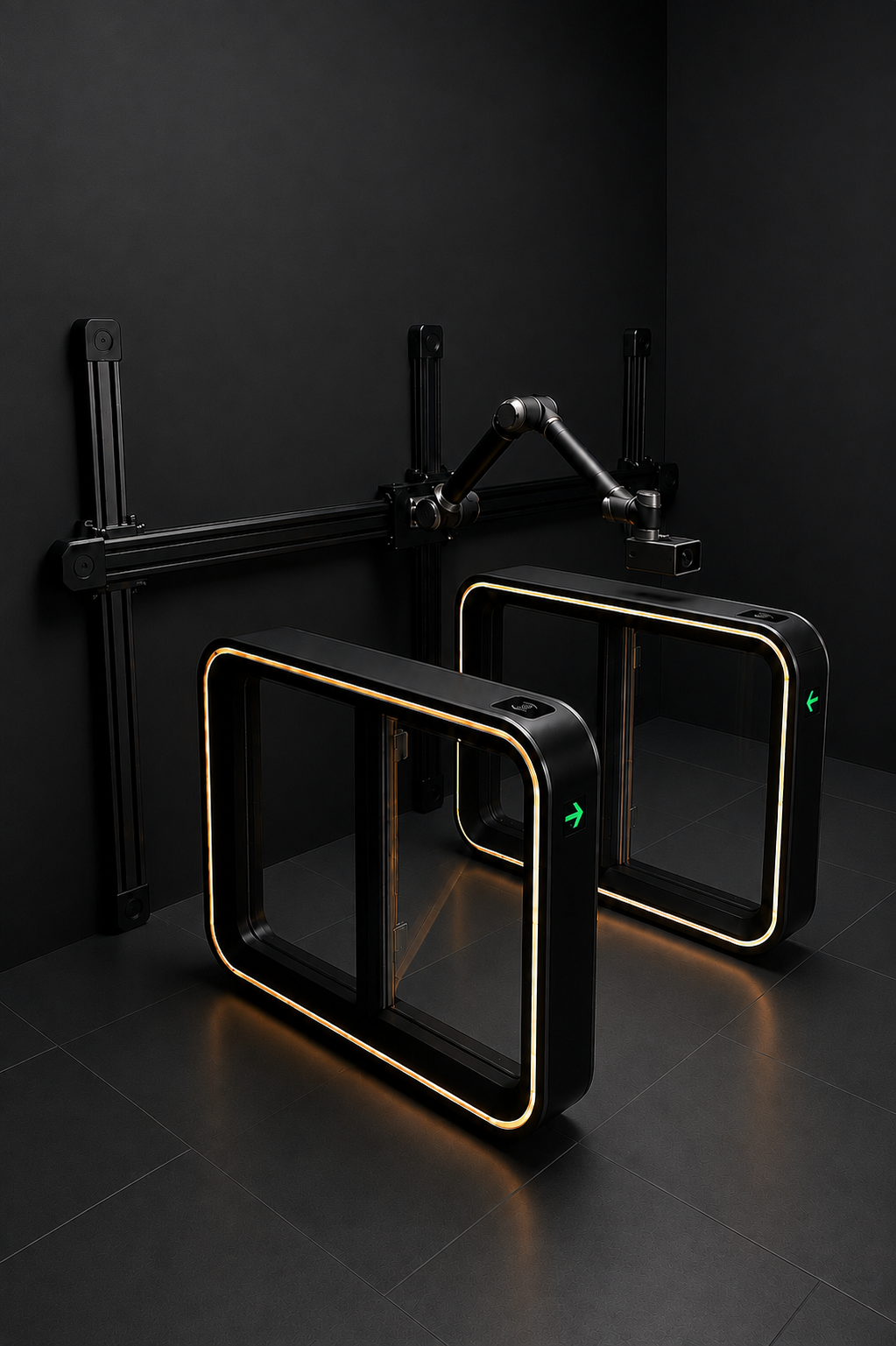 The same fictional gate pair fully resolved: symmetrical housings, matching reader lenses, green inward entry arrows and an optical scanning head above.