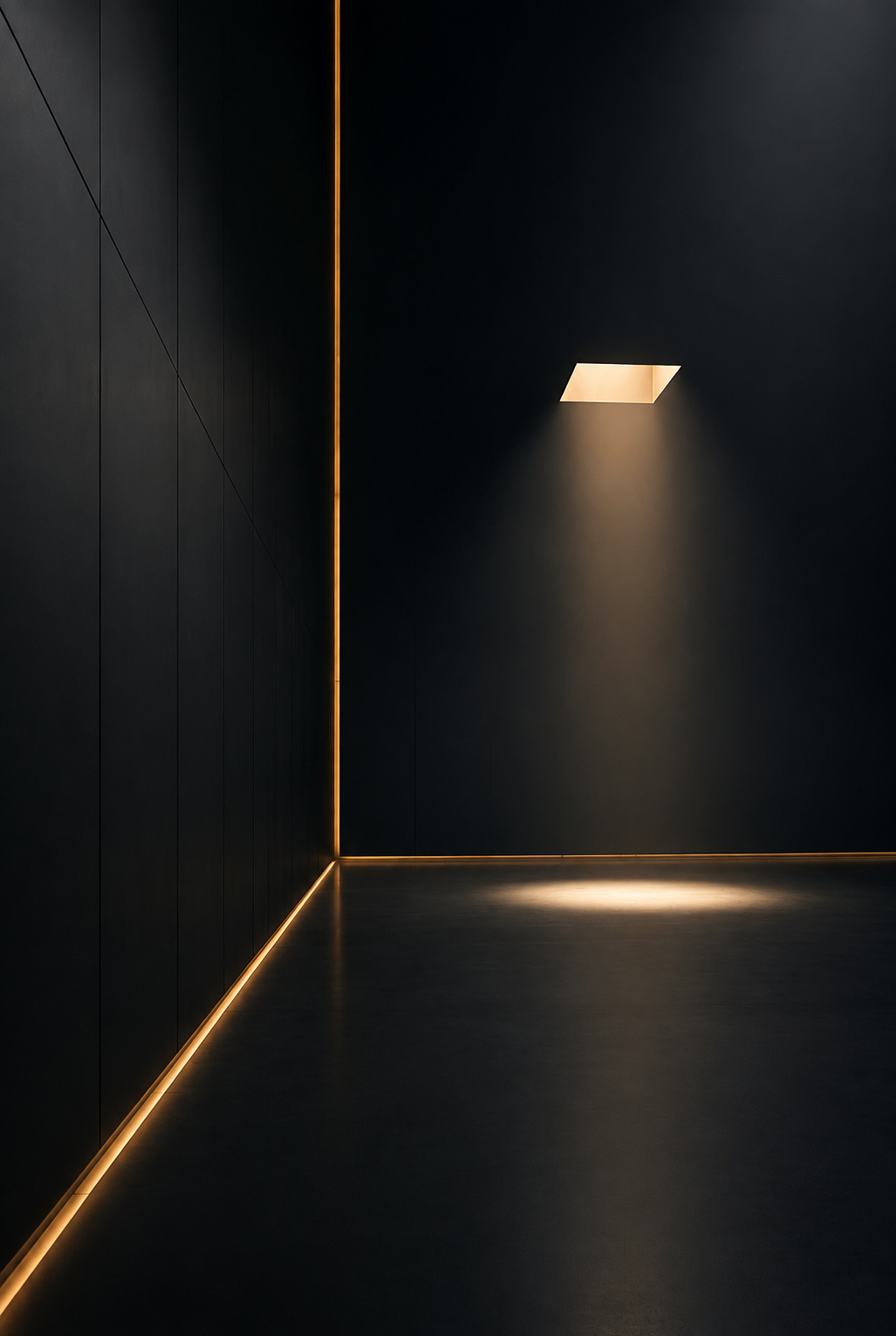 A vast dark room with a thin amber light seam and a shaft of warm light.